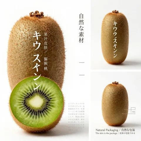 Premium Japanese-style product poster in 16:9 landscape format, editorial design showcasing kiwi juice skin pa