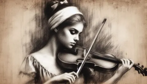 Violinist Woman in Charcoal Drawing