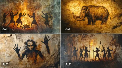 Primitive Cave Painting with Ochre and Charcoal Lines