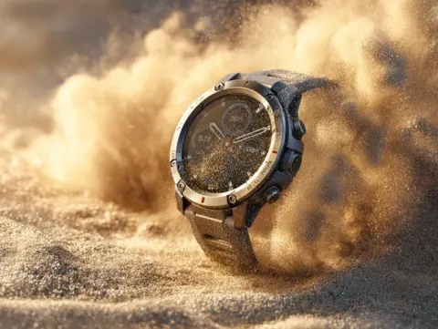 Product with fine sand particles swirling around, caught mid-motion, desert wind effect, warm golden lighting,