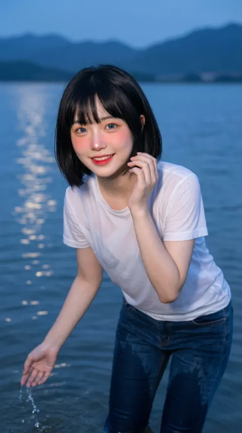 Professional High-Definition Portrait, 18-Year-Old East Asian Beauty, Playful Cute Expression, Blue Hour Water