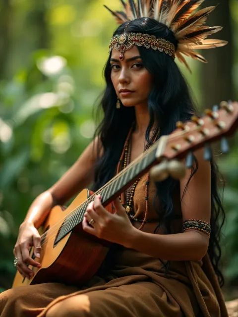 Serene Woman Playing Lute in Golden Light