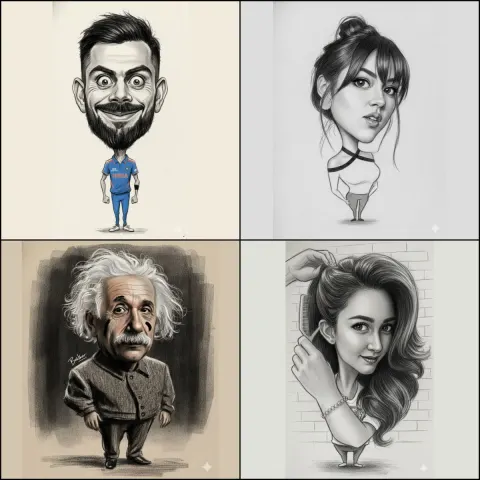 Proportional Composition Caricature with Exaggerated Face and Head, Textured Paper Style