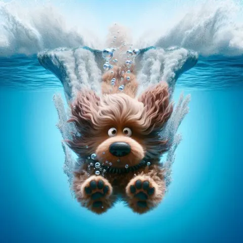 Funny Fluffy Dog Diving Underwater, Big Splash