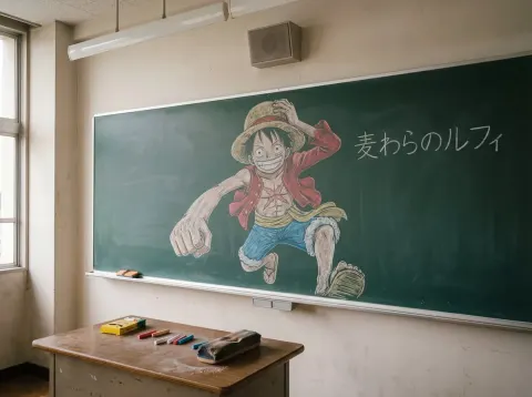 Realistic Record Photography: Anime Character Blackboard Artwork