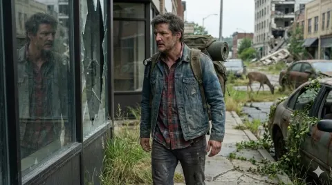Rugged Male Survivor Walking Through an Overgrown City Street
