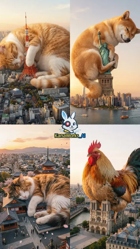 Scene of Tokyo Tower Occupied by a Gigantic Adorable Cat