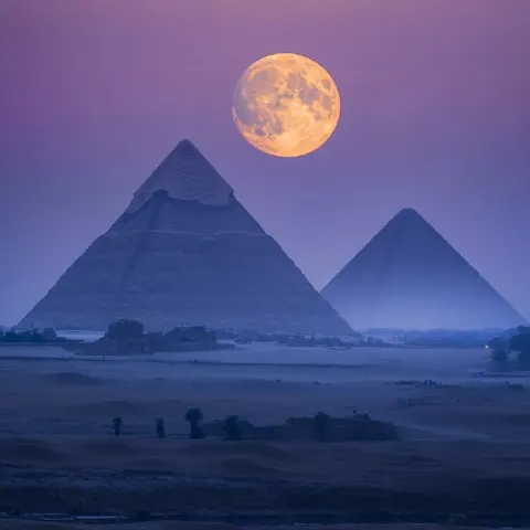 Bright Full Moon Over Giza Pyramids