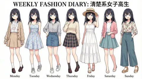 Seven High School Girls' Fashion Week Outfits Display