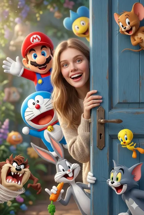 Smiling Girl with Cartoon Characters Fantasy Scene
