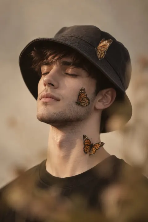 Soft Cinematic Fashion Portrait with Butterflies