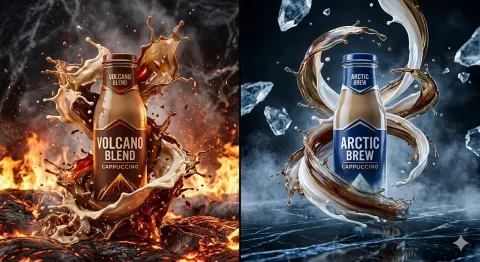 Split-screen premium cappuccino bottle advertisement