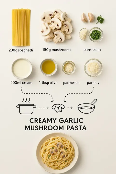 Step-by-Step Recipe Infographic for Creamy Garlic Mushroom Pasta