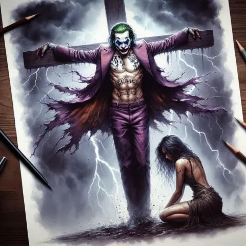 Hyper-Realistic Joker with Woman at Cross