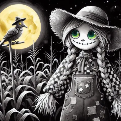 Gothic Girl Scarecrow in Moonlit Cornfield