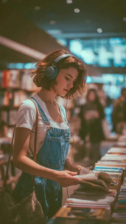 Stylish Headphones Bookstore Reading Scene