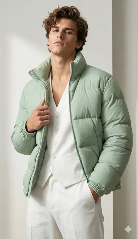 Stylish young man in minimalist studio with pastel green puffer