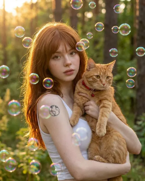 Sunlit Forest Portrait with Cat and Bubbles