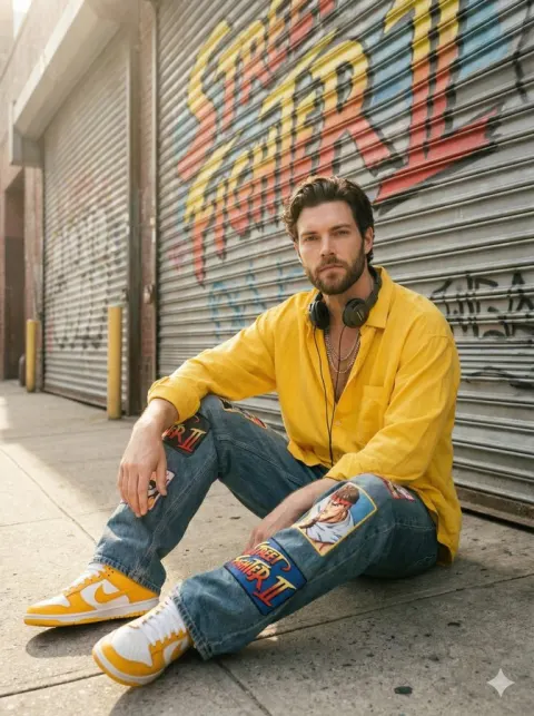 Sunlit Urban Streetwear Portrait of a Stylish Young Man