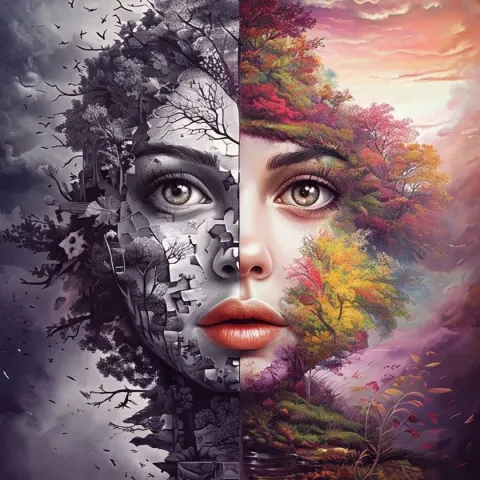 Surreal Double-Exposure Portrait: Half Dark, Half Hope