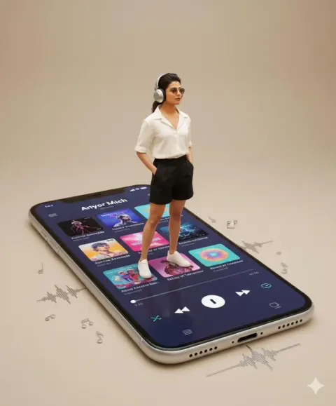 Surreal Modern Digital Artwork with Person on Oversized Smartphone