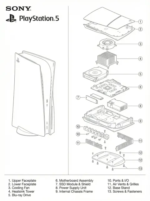 Technical Blueprint Diagram of Sony PlayStation 5 Console Matching PlayStation 1 Schematic