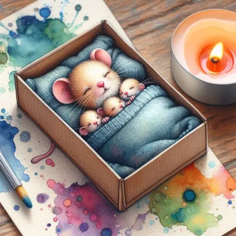 Sleeping Mouse Family in Matchbox Watercolor