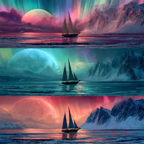 Three Fantasy Sailboats in Ocean, Beautiful Aurora Borealis