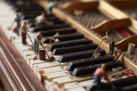 Tilt-Shift Piano Keyboard Cleaning Scene