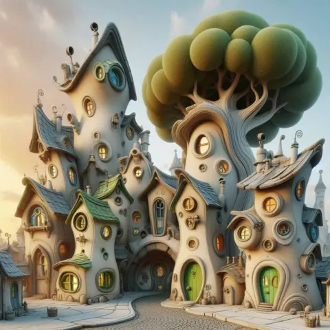 Whimsical Stylized Houses with Elongated Roofs