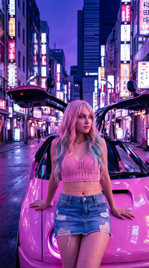 Tokyo Nightlife Editorial Photography, Full Body Shot, Stylish Young Woman Resting on Pink Sports Car Hood, Ri