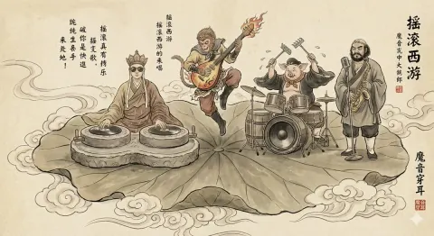 Traditional Chinese Gongbi-style Ink Painting: A Fantastic Heavy Metal Concert on a Floating Lotus Leaf