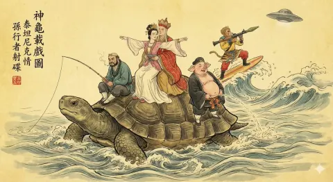 Traditional Chinese Gongbi-style ink painting depicting a giant turtle in a turbulent river, humorously reenac