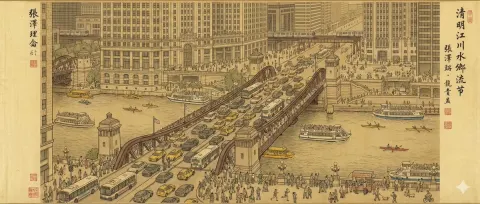 Traditional Chinese Painting Style Depicts Modern Chicago Riverfront