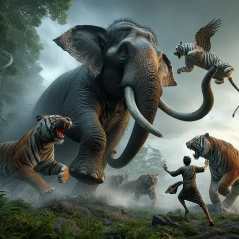 Hyper-Realistic Elephant Protecting Man from Tiger