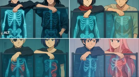 Two Anime-Style Characters Behind a Futuristic X-Ray Scanning Panel