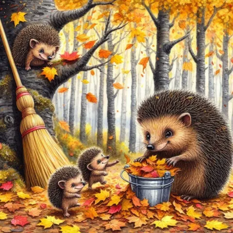 Hedgehog Family Preparing Winter Shelter