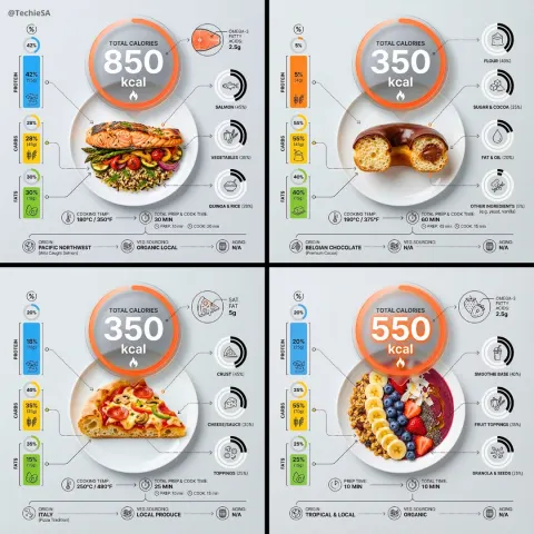 Ultra-clean top-down infographic with calorie bubble focus