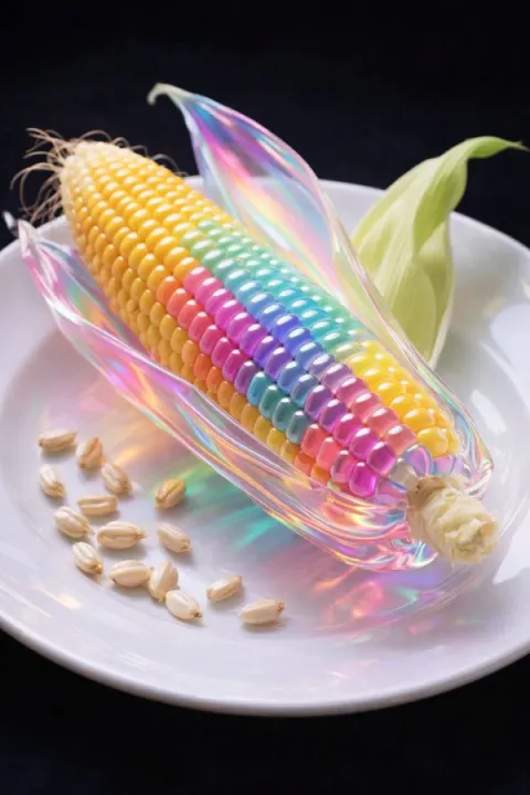Ultra-High Detail AI-Edited Still-Life Photography of Corn, Watermelon, and Peach