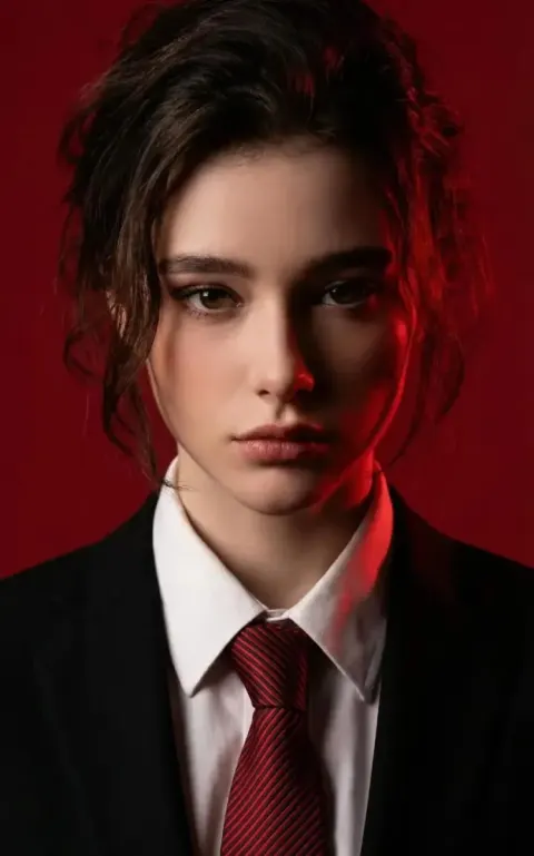 Ultra-realistic 8k Portrait with Deep Red Background and Confident Expression