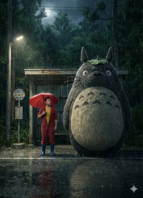 Ultra-realistic 8K UHD Photograph of a Rainy Night Scene at a Rural Japanese Bus Stop