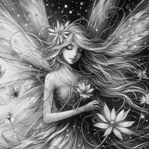 Black and White Sketch of Colorful Fairy