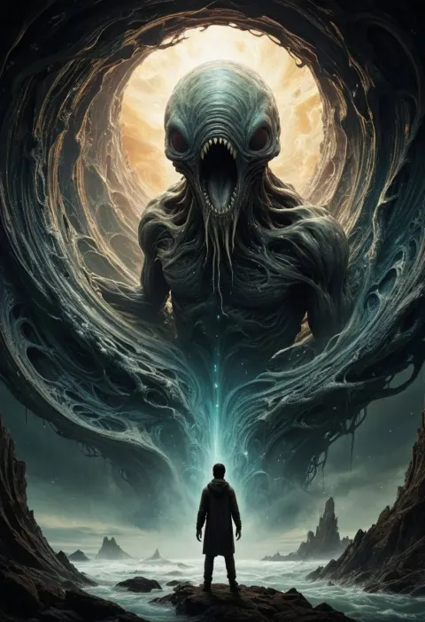 Surreal Dark Figure in Alien Maelstrom