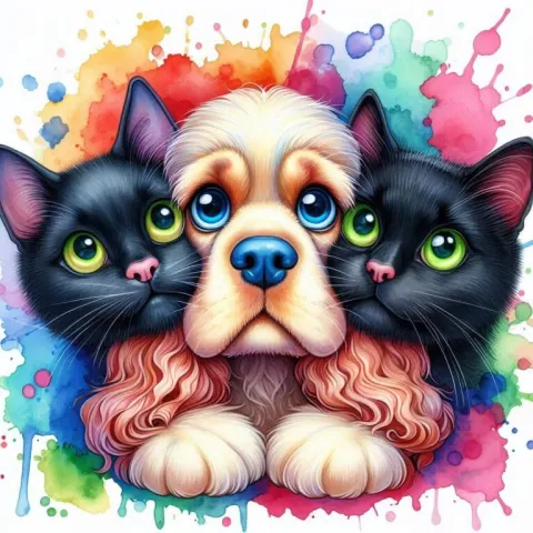 Whimsical Cocker Spaniel with Cats