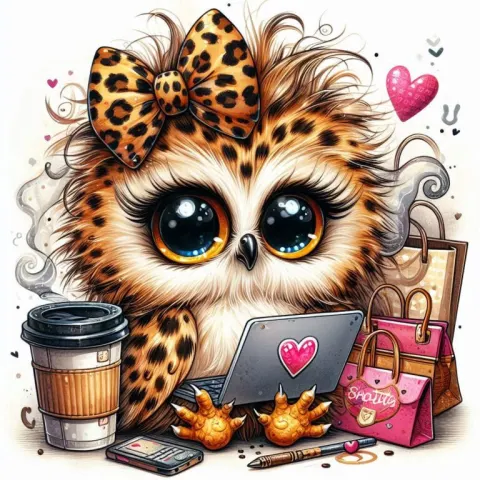 Whimsical Owl Shopping Cozy Scene