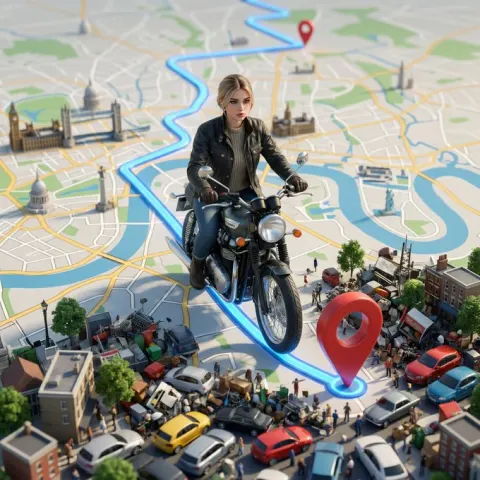 Vertical Surreal 3D Scene with Photorealistic Character on GPS Route