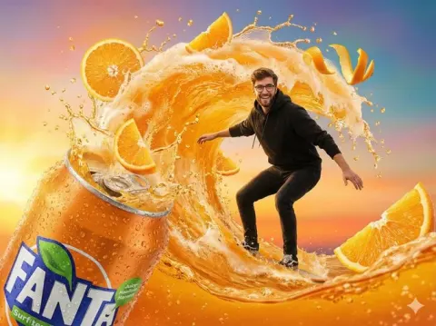 Vibrant Fantasy-Style Soda Commercial with Young Man Surfing Orange Soda Wave