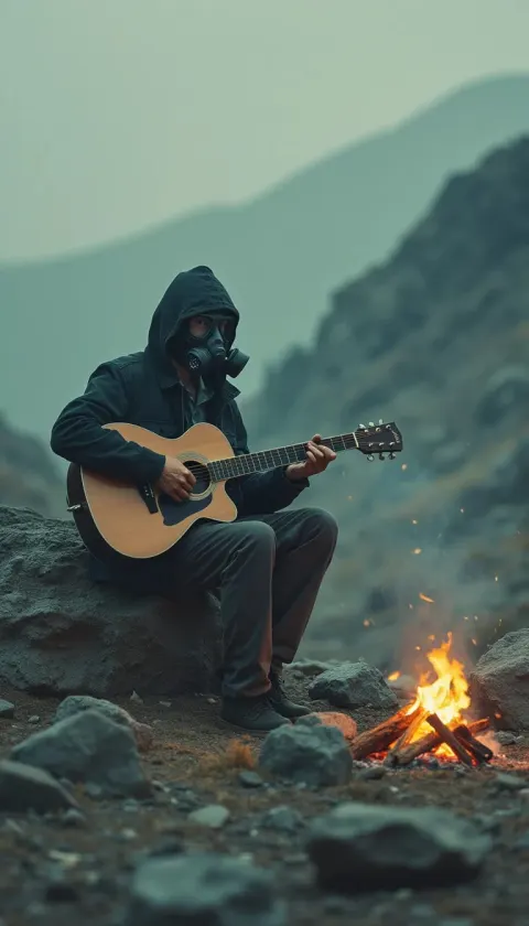 Gas Masked Guitarist in Desolate Landscape