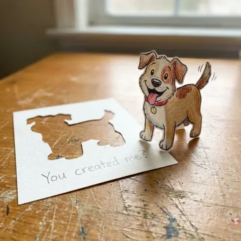 Whimsical Handmade Paper Dog Figure on Wooden Desk