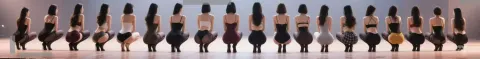 Wide Panoramic Stage Scene with Women in Synchronized Poses